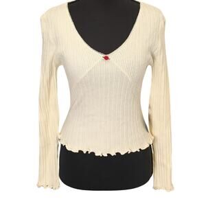 New With Tags Romantic Y2K Ribbed Babydoll Blouse w/ Lettuce Hems | Women's M